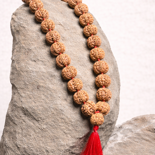 7 mukhi rudraksha mala with round brown beads, textured surface, and red tassel pendant on stone background