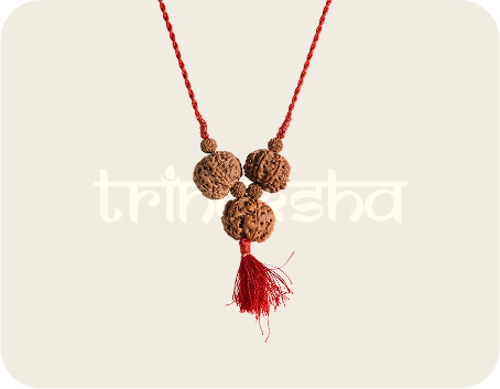Brown rudraksha beads with natural textured surface on a red braided string with tassel, saraswati bandh mala