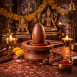 Load image into Gallery viewer, Brown stone Narmada Shivlingam with smooth polished surface on round base, surrounded by Rudrakesha beads and brass diya.