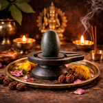Load image into Gallery viewer, Black polished Narmada Shivlingam stone with smooth oval shape on a circular black base, surrounded by Rudrakesha beads and.