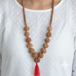 Load image into Gallery viewer, Brown Rudraksha beads mala necklace with multiple mukhi beads and a red tassel pendant.