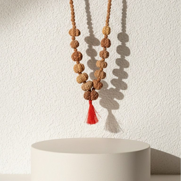 Rudraksha mala necklace with natural brown mukhi beads and a red tassel pendant hanging against a white textured wall