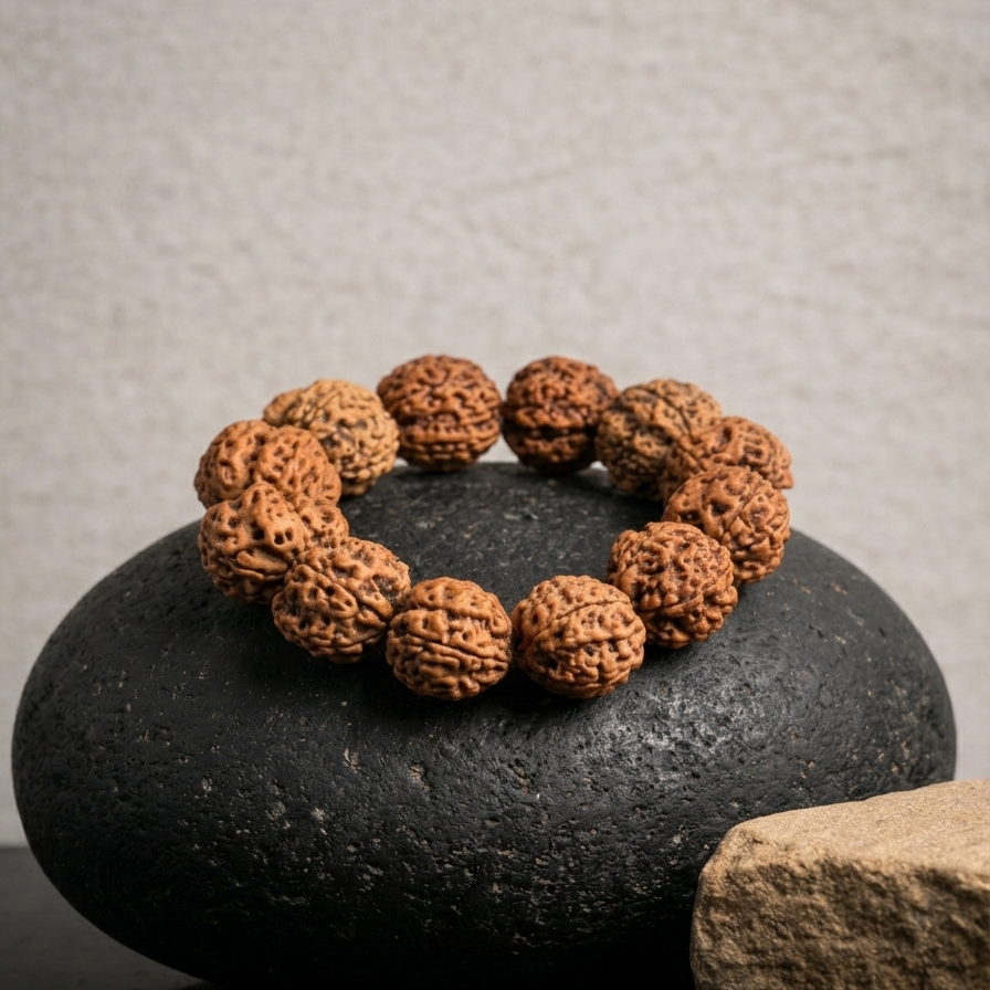 Brown textured 4 Mukhi Rudraksha beads strung as a round bracelet on a black stone.