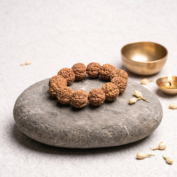Round brown 6 mukhi rudraksha beads strung in a bracelet, resting on a smooth gray stone with brass meditation bowls nearby