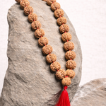 Load image into Gallery viewer, 7 Mukhi Rudraksha mala with round brown beads, textured surface, and red tassel pendant on stone background.

