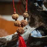 Load image into Gallery viewer, Nepal Rudrakesha Mukhi mala with carved beads and red tassel for Shiva meditation and astrology.
