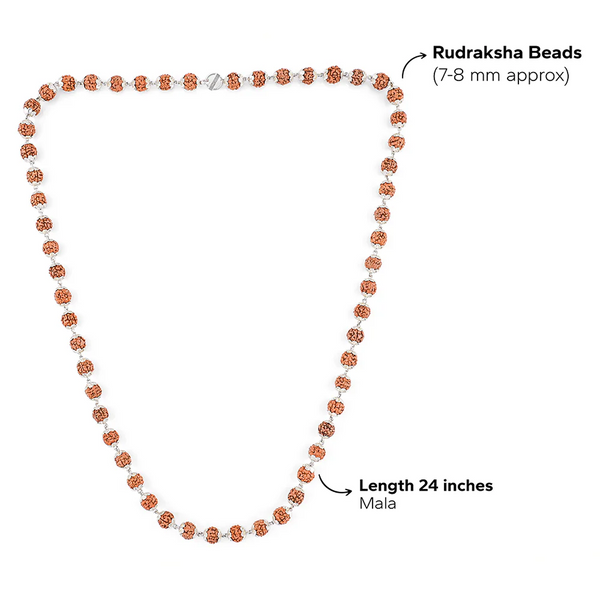 Rudrakesha mala with brown 7 8mm mukhi beads and silver hexagon ring for shiva meditation and astrology