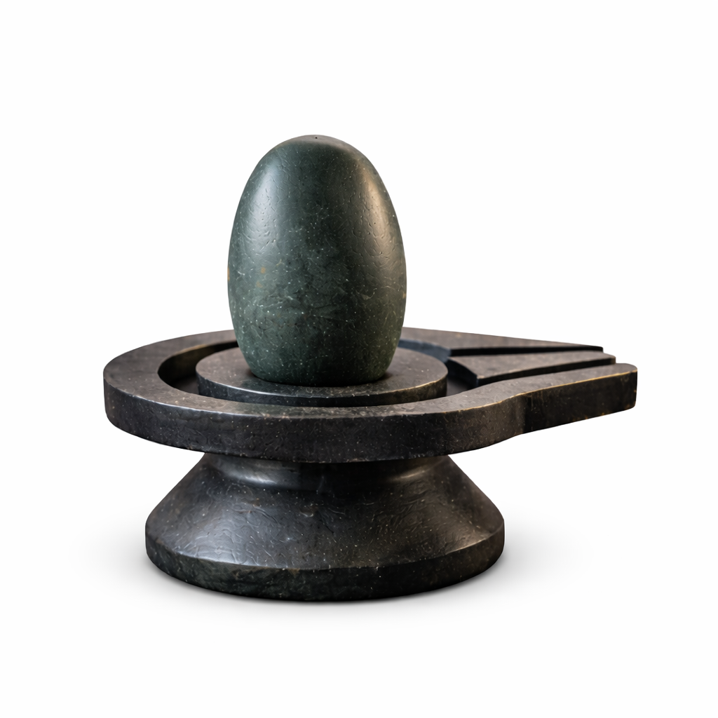 Smooth dark green Narmada Shivlingam with rounded oval Rudrakesha shape on black stone yoni base designed for meditation and