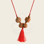 Load image into Gallery viewer, Rudraksha beaded mala with three large Mukhi beads and red braided cord ending in a red tassel.
